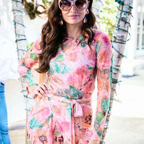 Ala Von Auersperg Mesh Top Taj Floral Print Sheer Long Sleeve Tie Waist Pink M - Picture 1 of 16